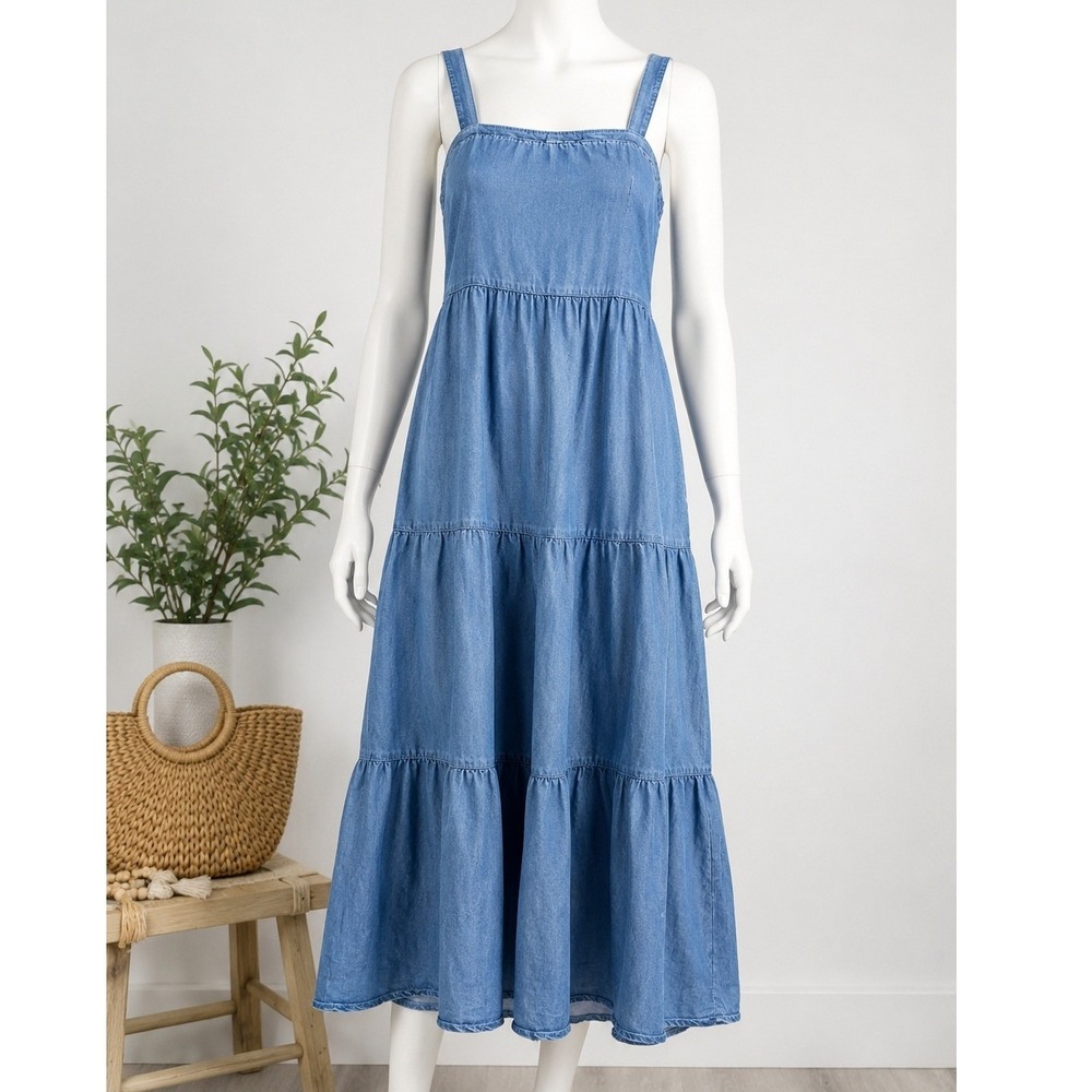 The Drop Womens Maxi Dress Blue Tiered Chambray Tencel XXS